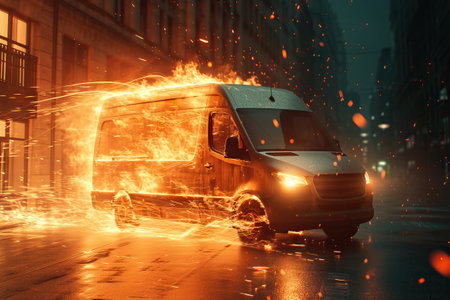 Super fast delivery of package service with van fire effect. Generative AIの素材