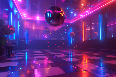 Discotheque with disco balls and colorful neon lights. Generative AIの素材