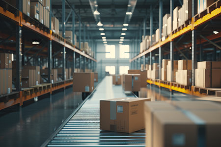 Modern warehouse with stacks of boxes. Generative AIの素材