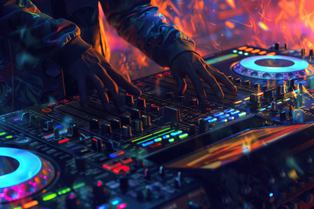 Dj plays disco music with his consolle in a pub. Generative AIの素材