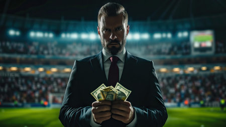 Businessman in front a soccer stadium with banknotes as concept of bet and corruption. Generative AIの素材