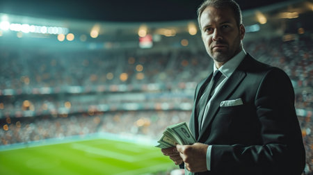 Businessman in front a soccer stadium with banknotes as concept of bet and corruption. Generative AIの素材
