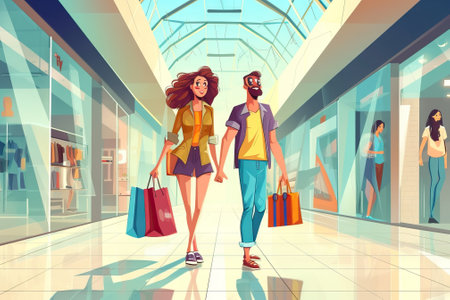 Happy couple walk with shop bags. Generative AIの素材
