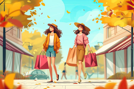 Happy friends walk with shop bags. Generative AIの素材