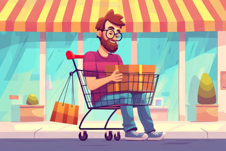 Happy man inside a shopping cart with a big package. Generative AIの素材