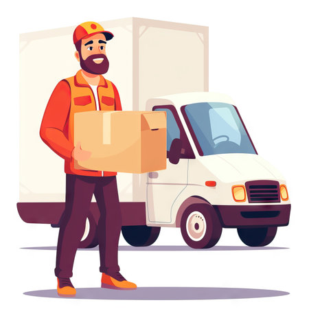 Courier with a van ready to deliver a pack. Generative AIの素材