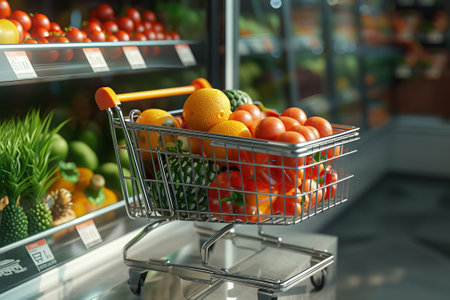 Ready shopping cart full of fresh fruits. Generative AIの素材