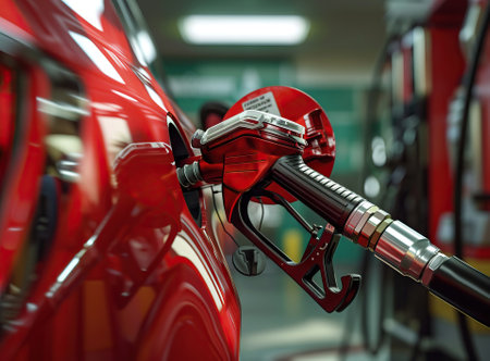 Fuel pump fill a tank of a car in a station. Generative AIの素材
