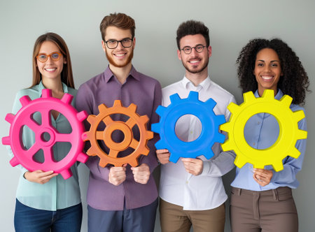 Business team work together and combine pieces of gears. Partnership and integration concept. Generative AIの素材