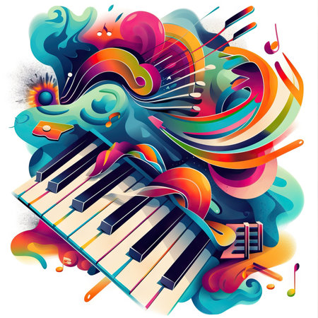 Background of vibrant music splash with piano. Generative AIの素材