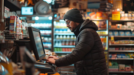 Man works on a supermarket with the cash register. Generative AIの素材