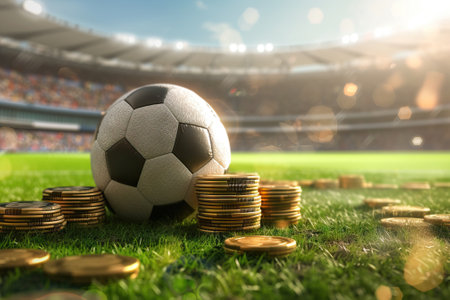 Online bet concept with coins and soccerball in a soccer stadium. Generative AIの素材