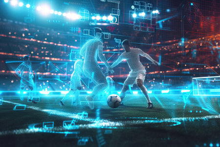 Football scene with soccer players at the stadium with technology analysis. Generative AIの素材