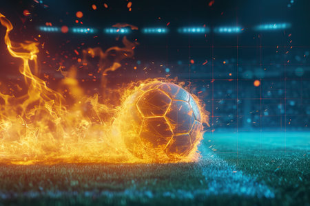 Powerful kick of a soccer ball with flame of fire. Generative AIの素材