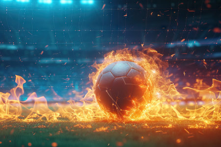 Powerful kick of a soccer ball with flame of fire. Generative AIの素材