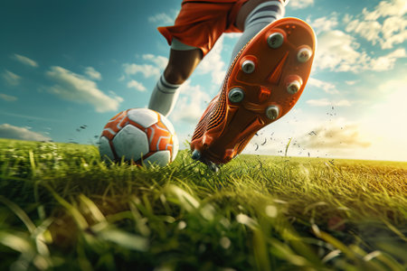 Soccer player ready to kick the soccerball in a field during a match. Generative AIの素材
