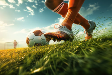 Soccer player ready to kick the soccerball in a field during a match. Generative AIの素材