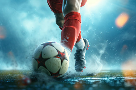 Soccer player ready to kick the soccerball in a field during a match. Generative AIの素材