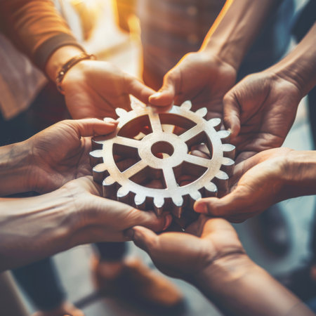 Teamwork together and combine pieces of gears. Partnership and integration concept. Generative AIの素材