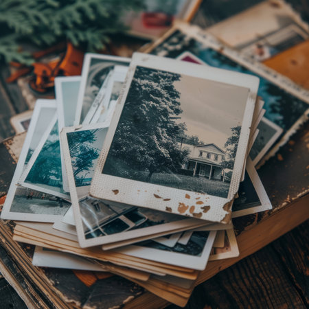 Nostalgic pile of old photos scattered on a wood surface, evoking memoriesの素材