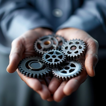 Businessman holds gears as cooperation and integration concept. Generative AIの素材