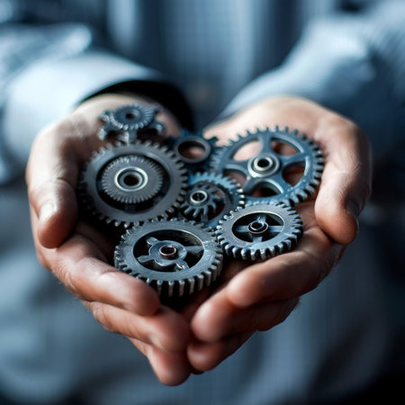 Businessman holds gears as cooperation and integration concept. Generative AIの素材