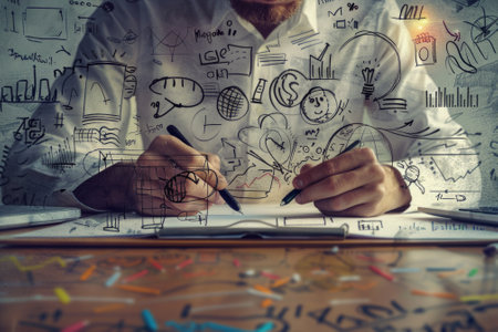 Close-up of hands sketching business concepts on a transparent idea boardの素材