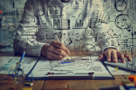 Person drawing business strategy and analytical charts on a transparent board with blurred handsの素材