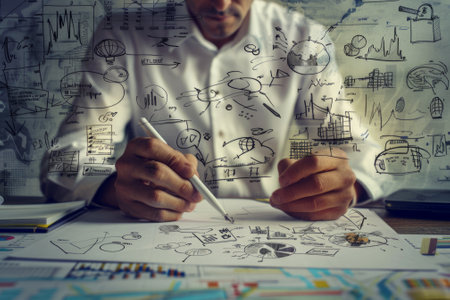 Close-up of a business strategist analyzing charts and graphsの素材