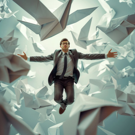 Businessman floating among paper origami birds in conceptual imageの素材