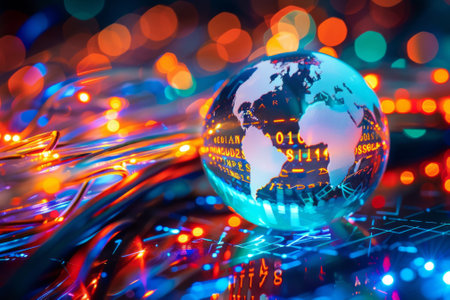 Vivid image showcasing a glowing globe with binary code and network cables symbolizing worldwide connectivityの素材