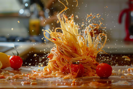 Mesmerizing image of spaghetti pasta with sauce splashing on a kitchen counterの素材