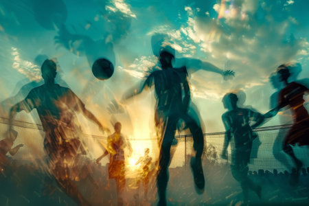 Silhouetted soccer players in action during a vibrant sunset game with dramatic lightingの素材