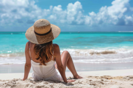 Woman enjoys tranquil relaxation, sitting on a sandy beach with a picturesque sea viewの素材