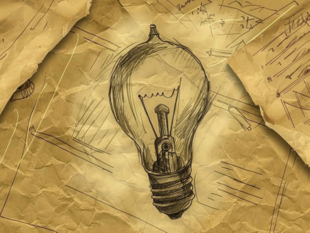 Hand-drawn lightbulb symbolizing idea generation with business sketches on vintage paper backgroundの素材