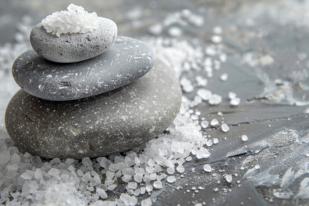 Tranquil arrangement of three stacked rocks with scattered salt on a textured gray surfaceの素材
