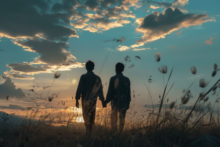 Brothers walking through a field at sunset, showing affection in silhouetteの素材