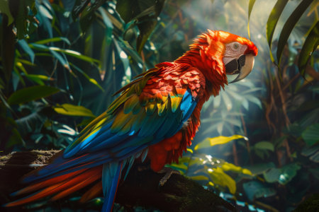 Elegant macaw perched among vibrant tropical rainforest foliage with stunning colorsの素材