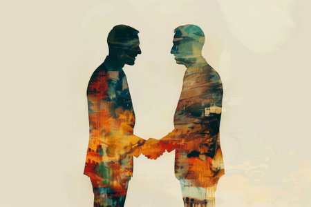 Artistic double exposure image showcasing a handshake superimposed with urban landscapeの素材