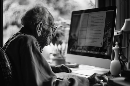 Senior person in a domestic setting, captured in grayscale while deeply focused on using a desktop computerの素材