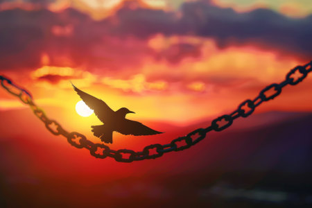 Silhouette of a bird flying towards the sun breaking from a chain at sunsetの素材