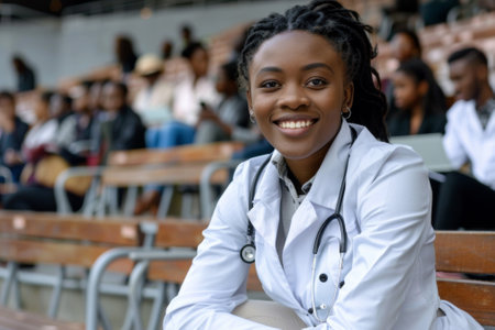 Happy african american medical student with stethoscope sitting in university lecture hallの素材
