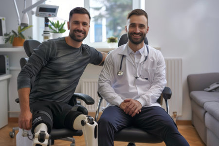 Male physiotherapist sitting next to a man in a wheelchair, radiating positivity and improvement with a smileの素材
