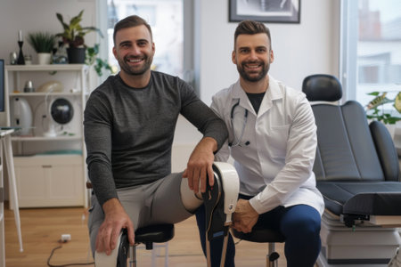 Cheery physiotherapist with a man wearing a leg brace in a rehabilitation centerの素材