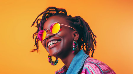 Woman in colorful attire with big smile ready to dance to happy funk musicの素材