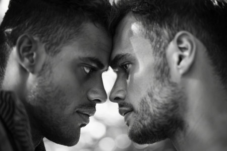 Black and white photo capturing a close and emotional moment between two men, depicting brotherly love and trustの素材