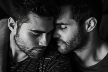 Emotional black and white portrait capturing a special moment of brotherly bond between two menの素材