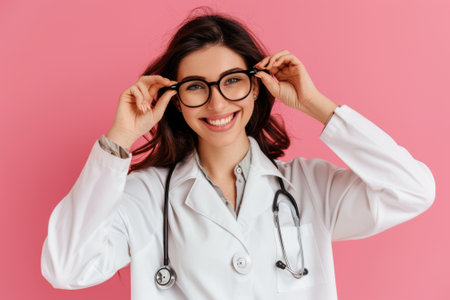 Elegant young woman in white lab coat and glasses holding stethoscope, bright pink backgroundの素材