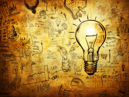 Illuminated lightbulb on a backdrop of hand-drawn business and strategy sketchesの素材