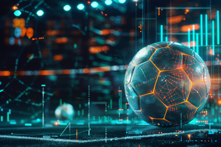 Close-up view of a soccer ball with glowing analytics data graphics on a futuristic interfaceの素材